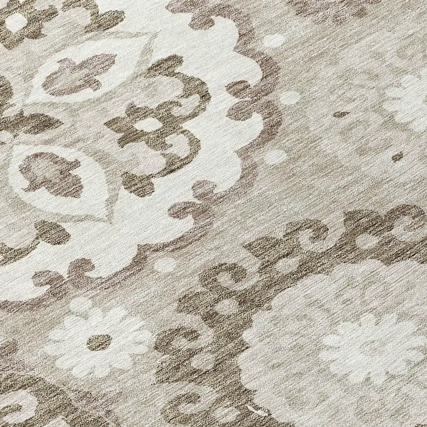8' Taupe Beige And Brown Round Floral Medallion Washable Indoor Outdoor Area Rug Photo 9