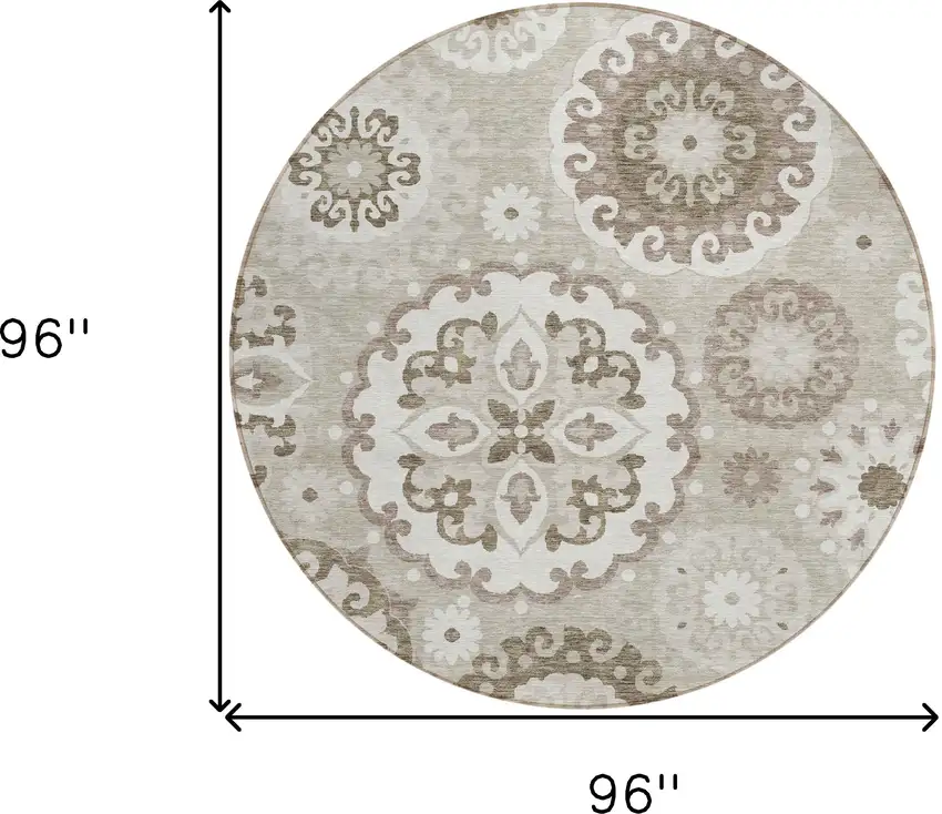 8' Taupe Beige And Brown Round Floral Medallion Washable Indoor Outdoor Area Rug Photo 8