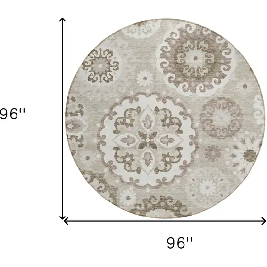 8' Taupe Beige And Brown Round Floral Medallion Washable Indoor Outdoor Area Rug Photo 8