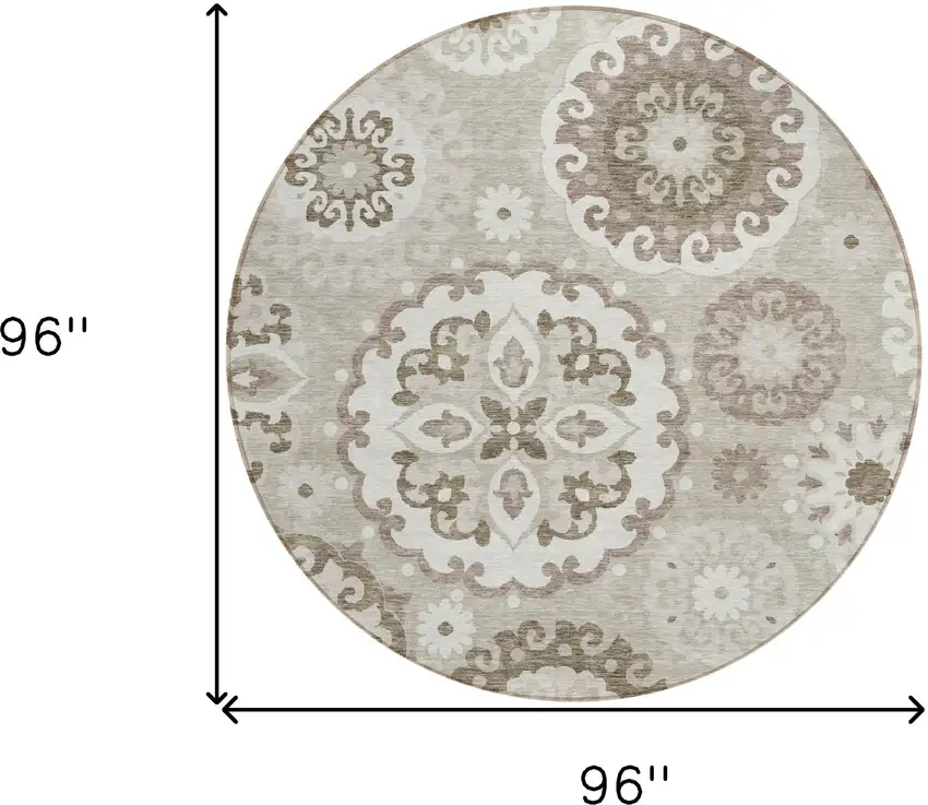 8' Taupe Beige And Brown Round Floral Medallion Washable Indoor Outdoor Area Rug Photo 8