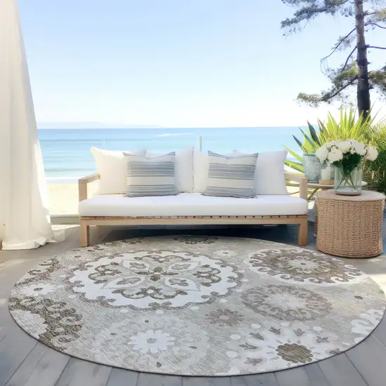 8' Taupe Beige And Brown Round Floral Medallion Washable Indoor Outdoor Area Rug Photo 6
