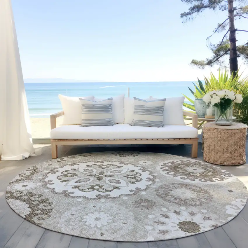 8' Taupe Beige And Brown Round Floral Medallion Washable Indoor Outdoor Area Rug Photo 6