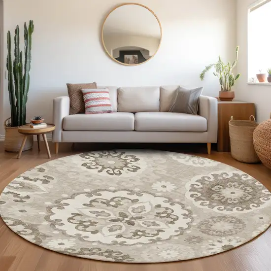 8' Taupe Beige And Brown Round Floral Medallion Washable Indoor Outdoor Area Rug Photo 7