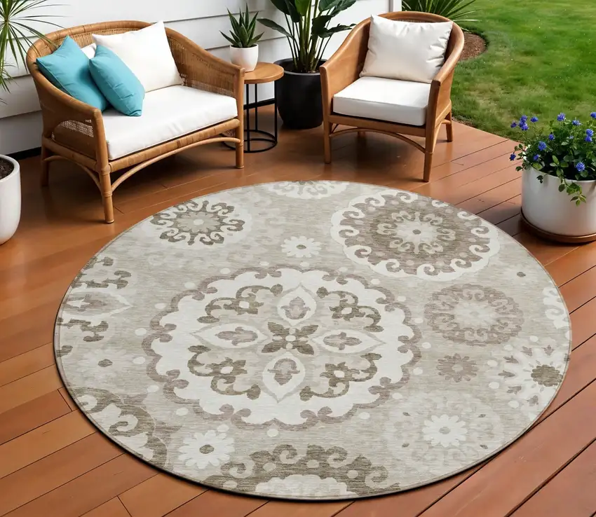 8' Taupe Beige And Brown Round Floral Medallion Washable Indoor Outdoor Area Rug Photo 1
