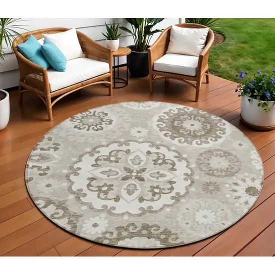 8' Taupe Beige And Brown Round Floral Medallion Washable Indoor Outdoor Area Rug Photo 1