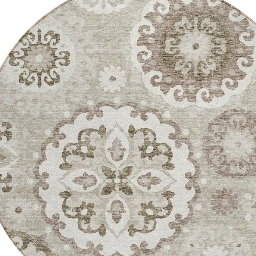 8' Taupe Beige And Brown Round Floral Medallion Washable Indoor Outdoor Area Rug Photo 4