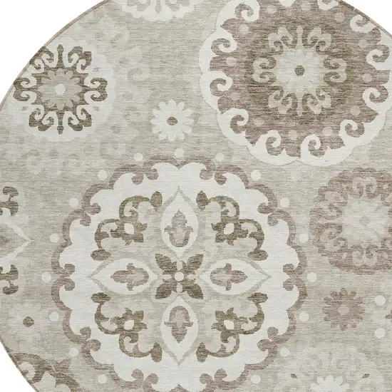 8' Taupe Beige And Brown Round Floral Medallion Washable Indoor Outdoor Area Rug Photo 4