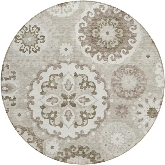 8' Taupe Beige And Brown Round Floral Medallion Washable Indoor Outdoor Area Rug Photo 1