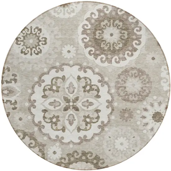 8' Taupe Beige And Brown Round Floral Medallion Washable Indoor Outdoor Area Rug Photo 1