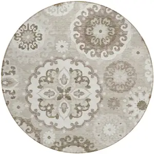 Photo of 8' Taupe Beige And Brown Round Floral Medallion Washable Indoor Outdoor Area Rug