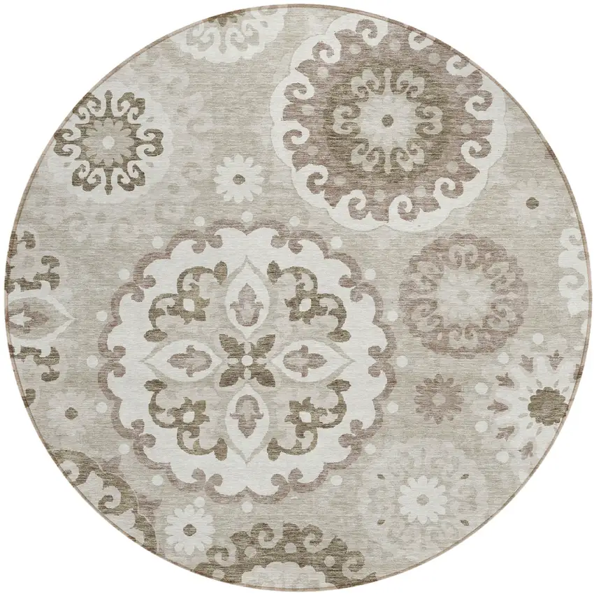 8' Taupe Beige And Brown Round Floral Medallion Washable Indoor Outdoor Area Rug Photo 1