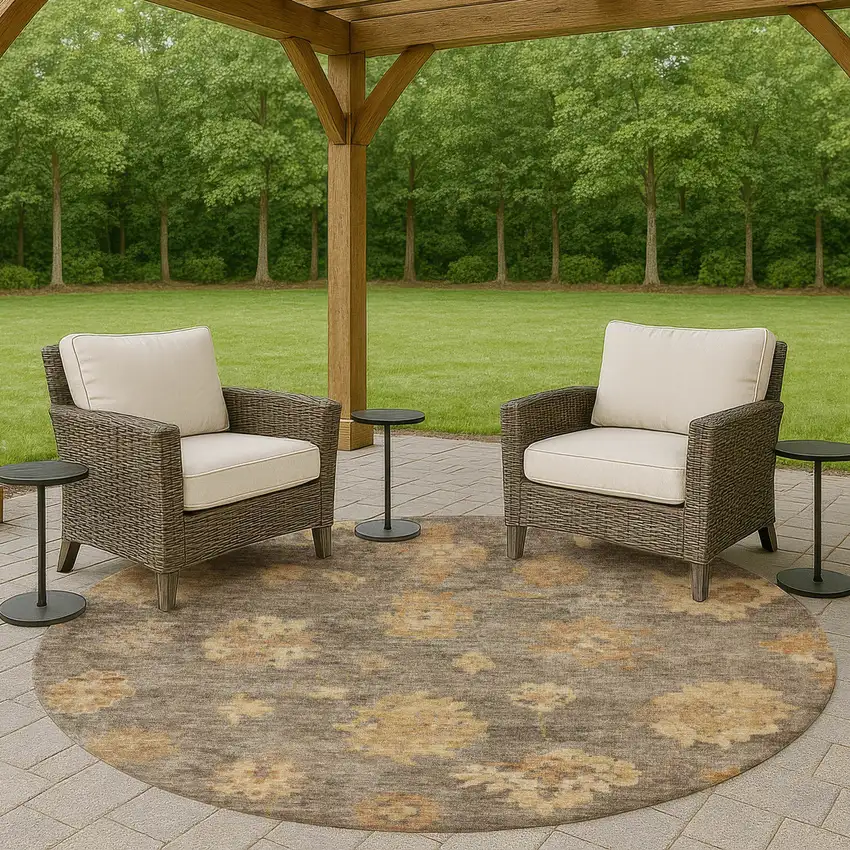 8' Taupe Beige And Brown Round Floral Washable Indoor Outdoor Area Rug Photo 8
