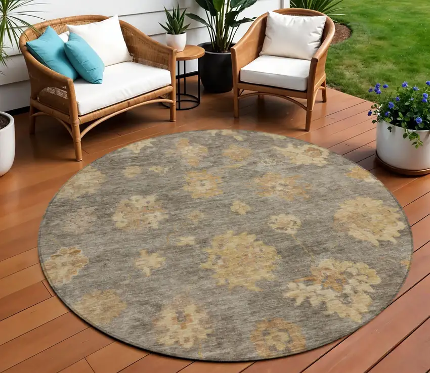 8' Taupe Beige And Brown Round Floral Washable Indoor Outdoor Area Rug Photo 1