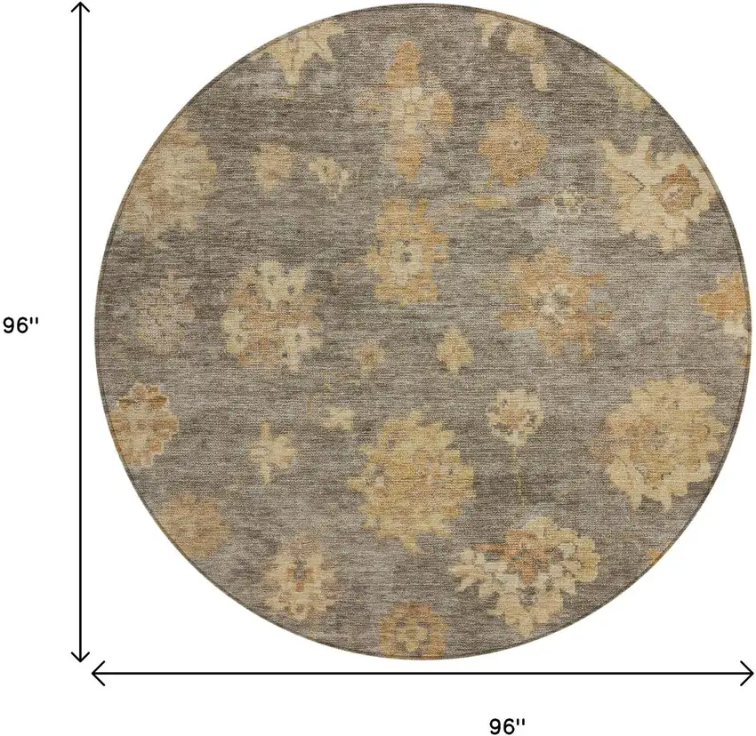 8' Taupe Beige And Brown Round Floral Washable Indoor Outdoor Area Rug Photo 3