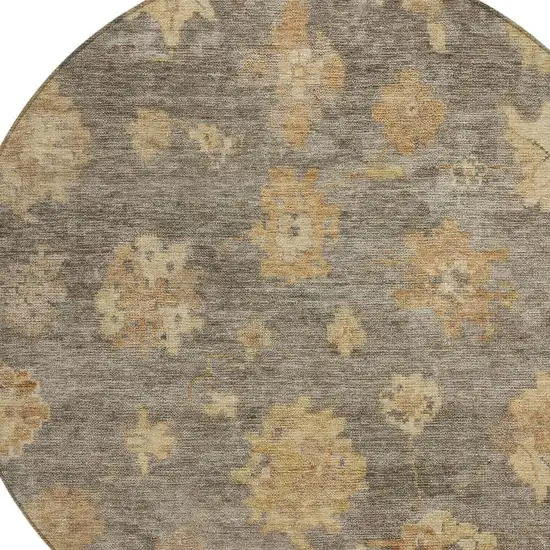 8' Taupe Beige And Brown Round Floral Washable Indoor Outdoor Area Rug Photo 6