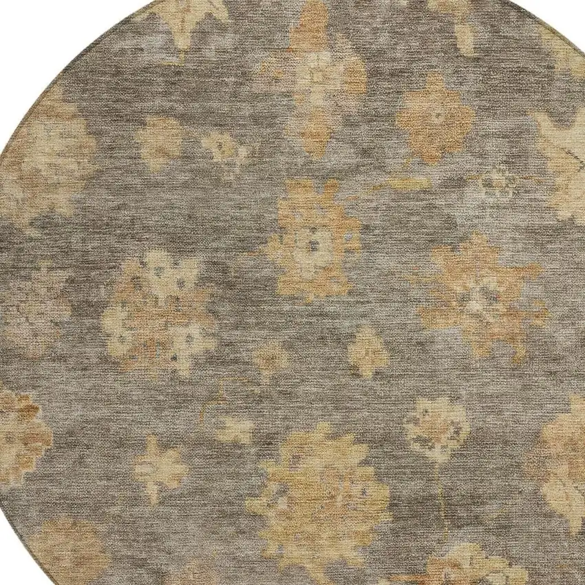 8' Taupe Beige And Brown Round Floral Washable Indoor Outdoor Area Rug Photo 6