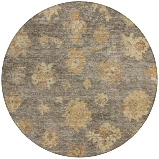 8' Taupe Beige And Brown Round Floral Washable Indoor Outdoor Area Rug Photo 4