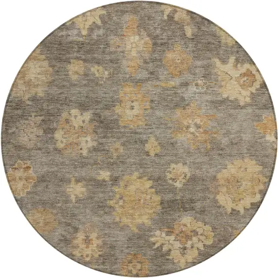 8' Taupe Beige And Brown Round Floral Washable Indoor Outdoor Area Rug Photo 2
