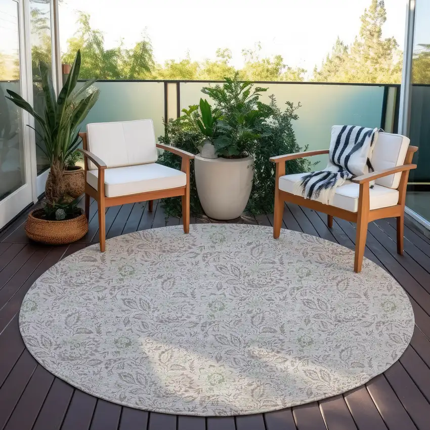 8' Taupe Beige And Brown Round Floral Washable Indoor Outdoor Area Rug Photo 6