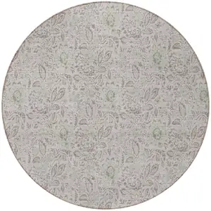 Photo of 8' Taupe Beige And Brown Round Floral Washable Indoor Outdoor Area Rug