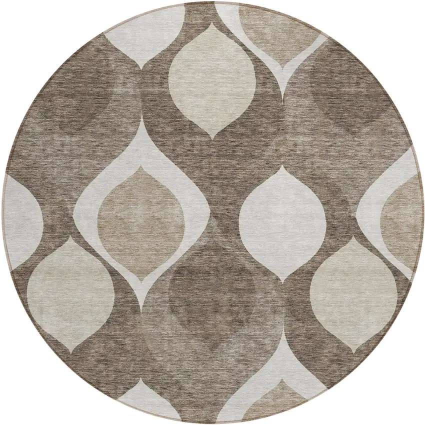 8' Taupe Beige And Brown Round Ogee Washable Indoor Outdoor Area Rug Photo 1