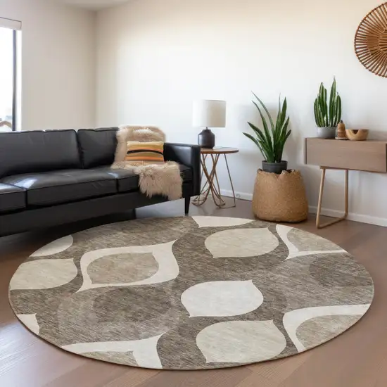 8' Taupe Beige And Brown Round Ogee Washable Indoor Outdoor Area Rug Photo 7