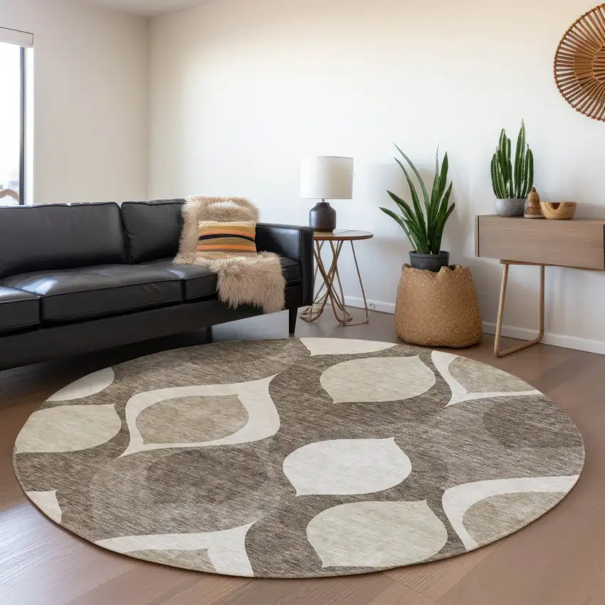 8' Taupe Beige And Brown Round Ogee Washable Indoor Outdoor Area Rug Photo 7