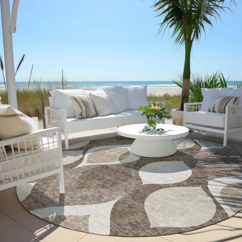 8' Taupe Beige And Brown Round Ogee Washable Indoor Outdoor Area Rug Photo 6