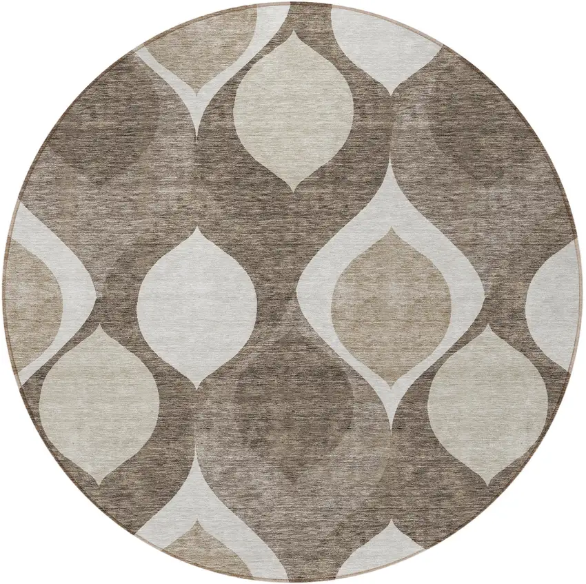 8' Taupe Beige And Brown Round Ogee Washable Indoor Outdoor Area Rug Photo 5