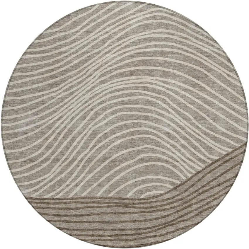 8' Taupe Beige And Brown Round Striped Washable Indoor Outdoor Area Rug Photo 2