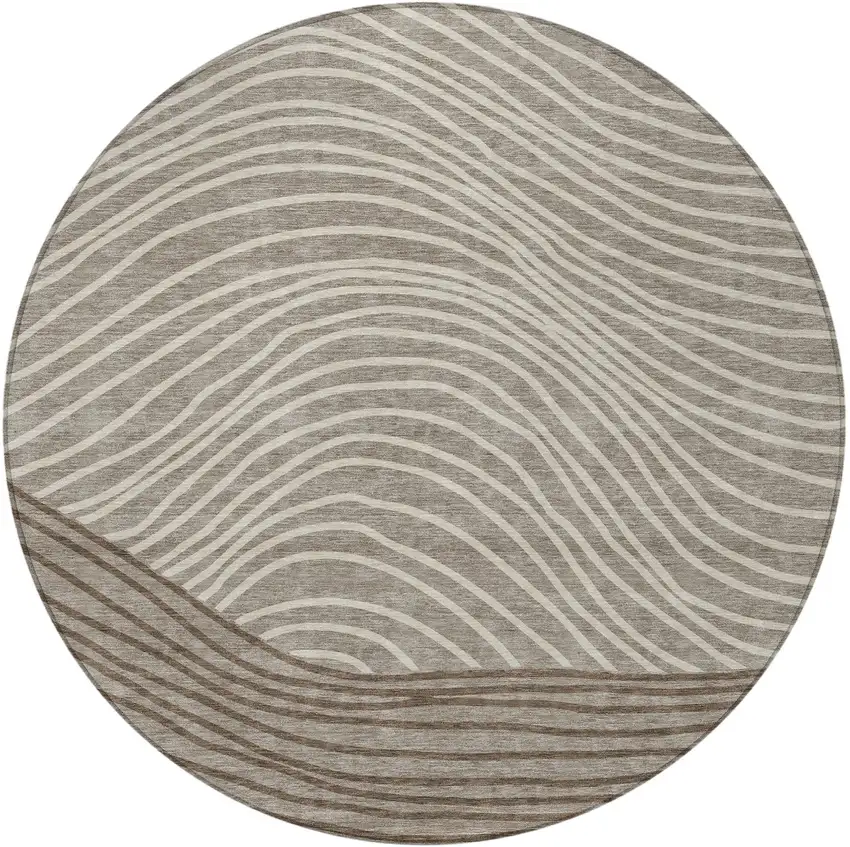 8' Taupe Beige And Brown Round Striped Washable Indoor Outdoor Area Rug Photo 4