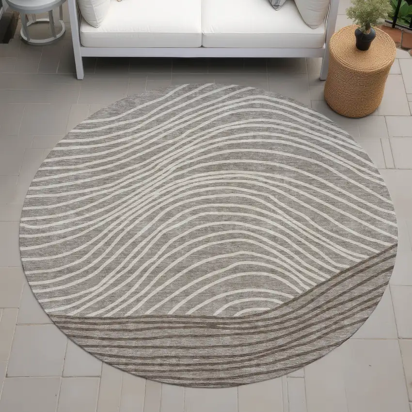 8' Taupe Beige And Brown Round Striped Washable Indoor Outdoor Area Rug Photo 6