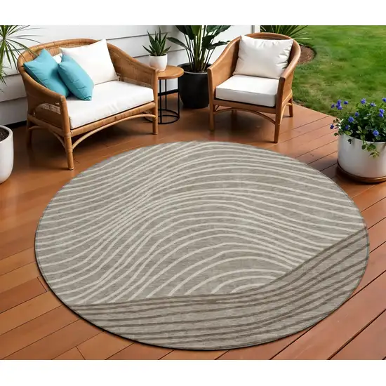 8' Taupe Beige And Brown Round Striped Washable Indoor Outdoor Area Rug Photo 1