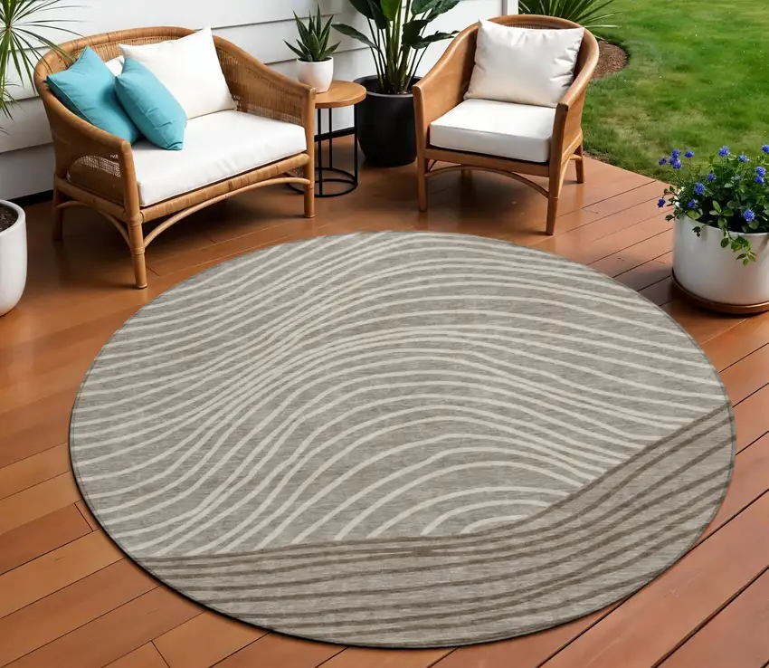 8' Taupe Beige And Brown Round Striped Washable Indoor Outdoor Area Rug Photo 1