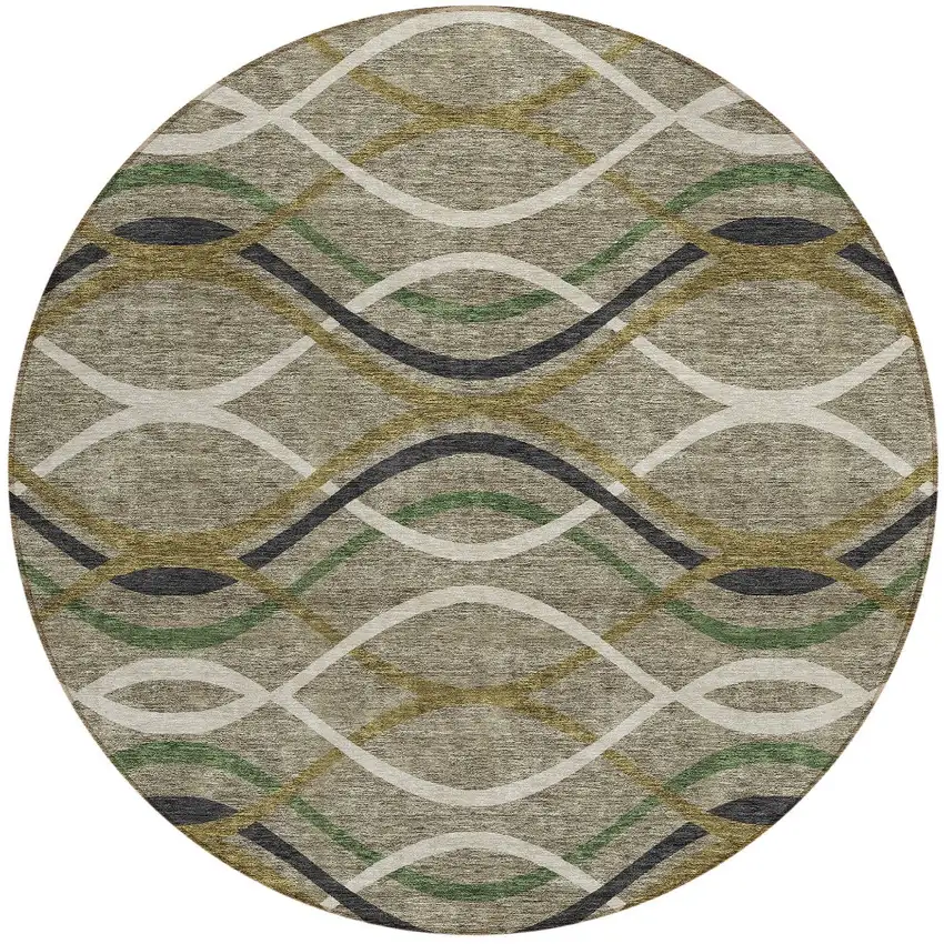 8' Taupe Beige And Charcoal Round Abstract Washable Indoor Outdoor Area Rug Photo 5