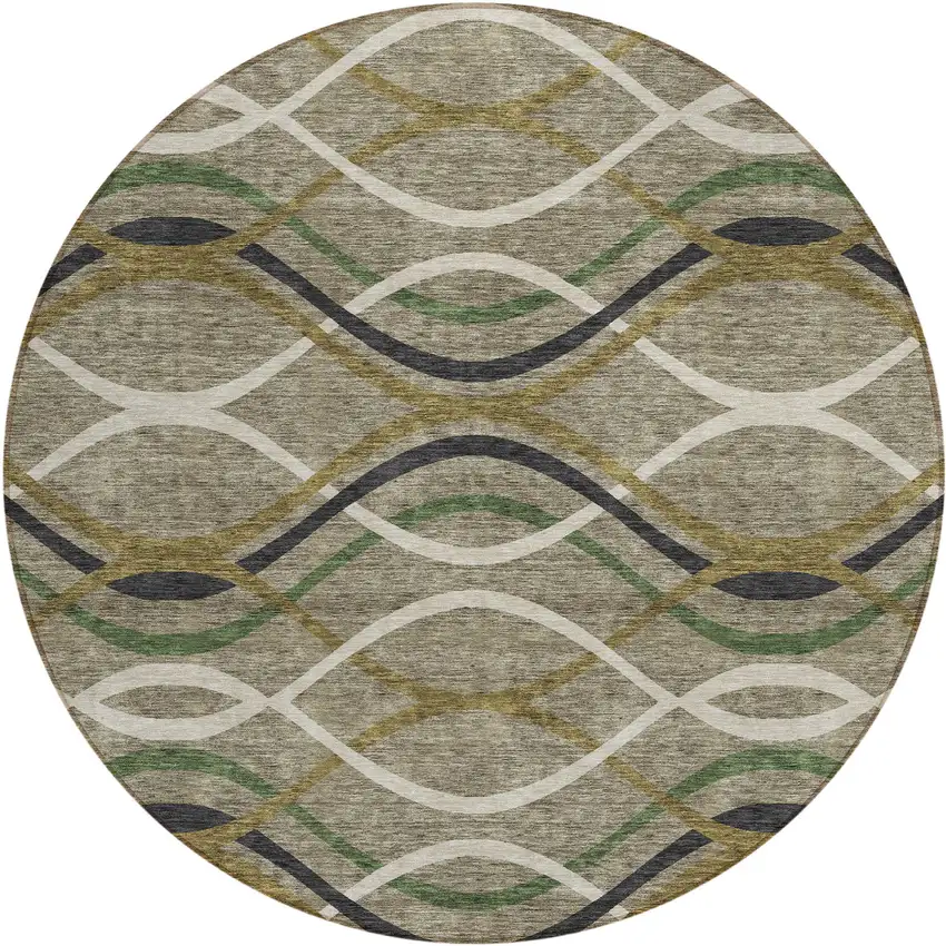 8' Taupe Beige And Charcoal Round Abstract Washable Indoor Outdoor Area Rug Photo 1
