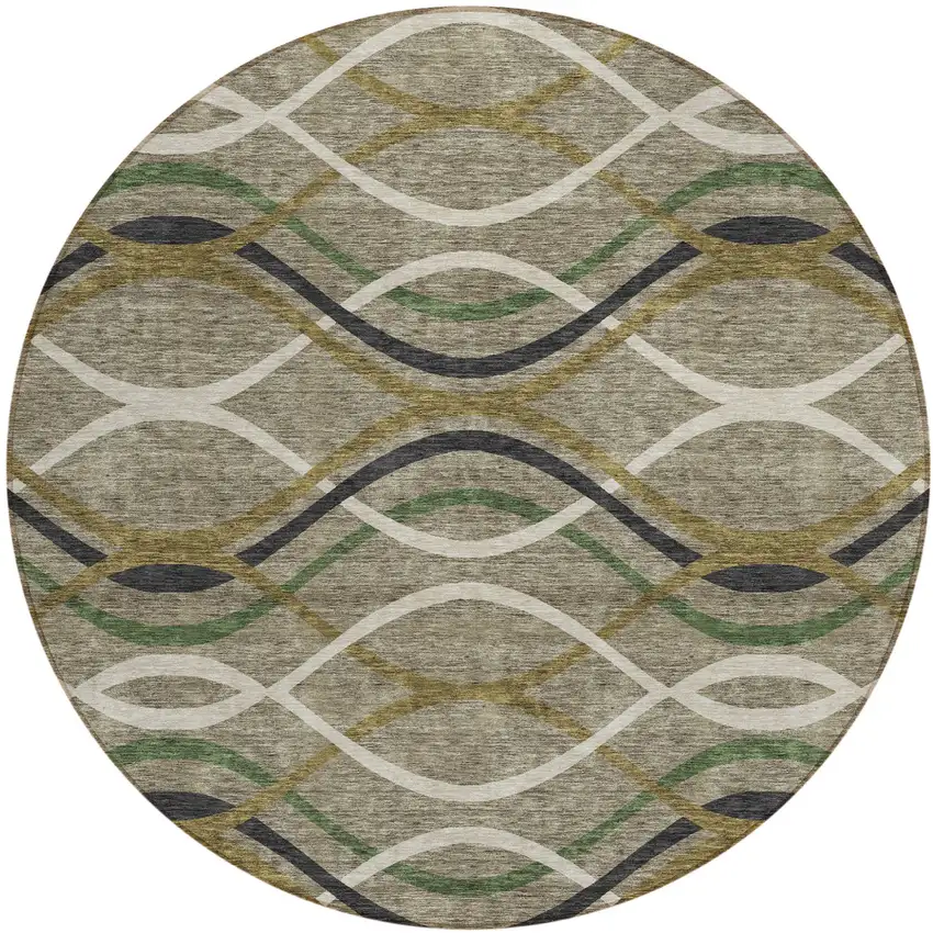 8' Taupe Beige And Charcoal Round Abstract Washable Indoor Outdoor Area Rug Photo 1