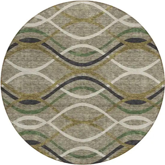 8' Taupe Beige And Charcoal Round Abstract Washable Indoor Outdoor Area Rug Photo 1