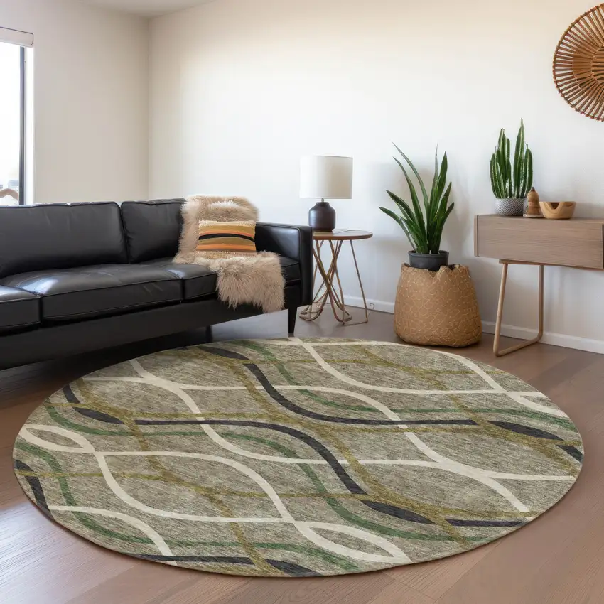 8' Taupe Beige And Charcoal Round Abstract Washable Indoor Outdoor Area Rug Photo 7