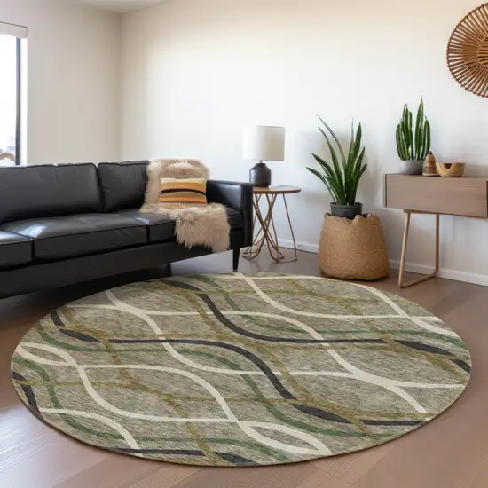 8' Taupe Beige And Charcoal Round Abstract Washable Indoor Outdoor Area Rug Photo 7