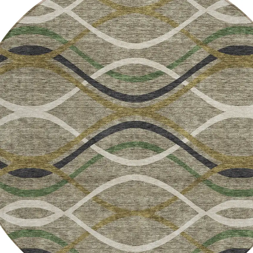 8' Taupe Beige And Charcoal Round Abstract Washable Indoor Outdoor Area Rug Photo 4