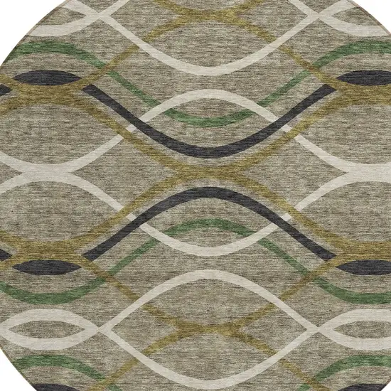 8' Taupe Beige And Charcoal Round Abstract Washable Indoor Outdoor Area Rug Photo 4