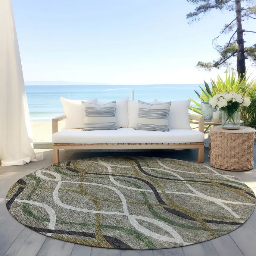 8' Taupe Beige And Charcoal Round Abstract Washable Indoor Outdoor Area Rug Photo 6