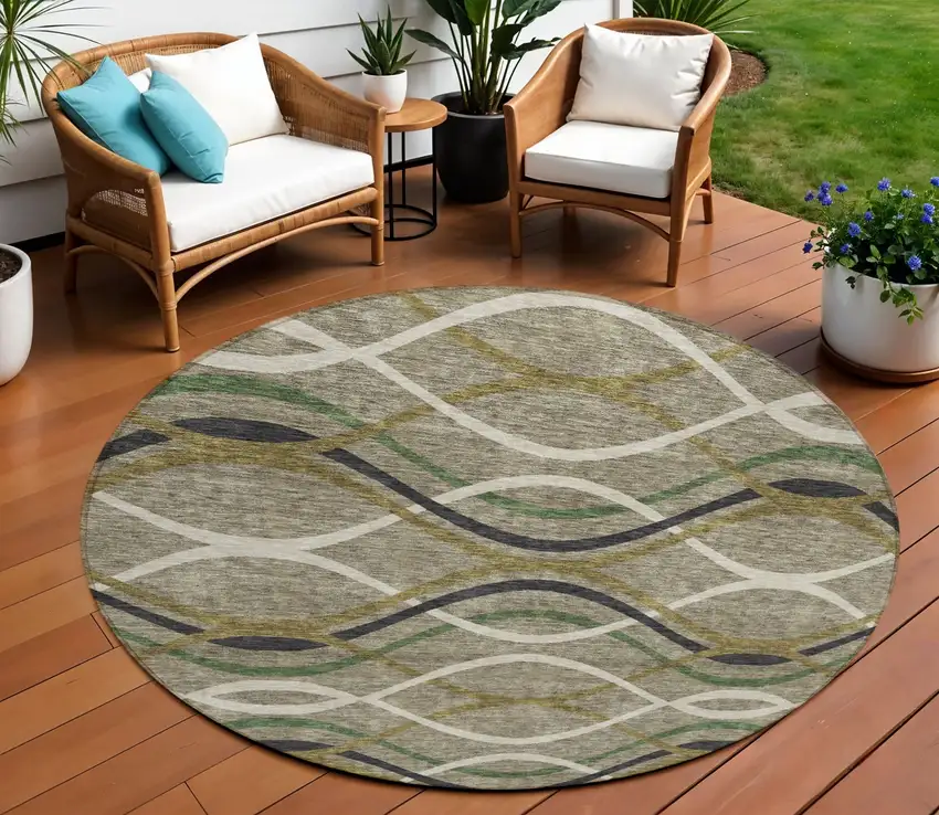 8' Taupe Beige And Charcoal Round Abstract Washable Indoor Outdoor Area Rug Photo 1