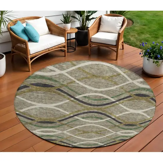8' Taupe Beige And Charcoal Round Abstract Washable Indoor Outdoor Area Rug Photo 1