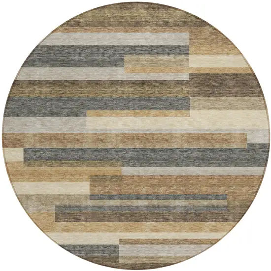 8' Taupe Beige And Charcoal Round Striped Washable Indoor Outdoor Area Rug Photo 1