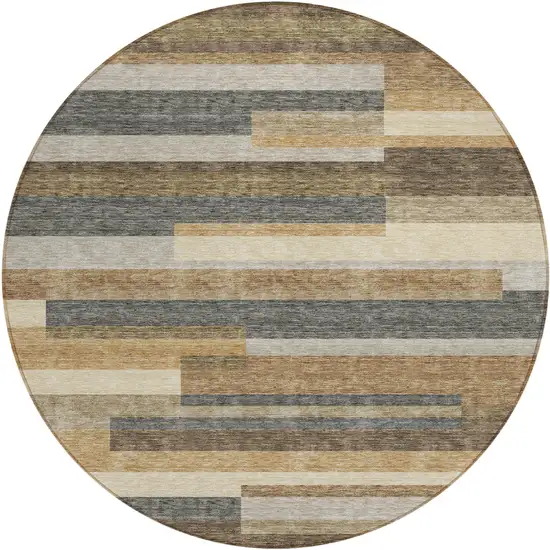 8' Taupe Beige And Charcoal Round Striped Washable Indoor Outdoor Area Rug Photo 1