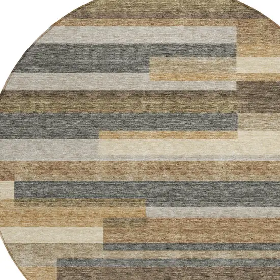 8' Taupe Beige And Charcoal Round Striped Washable Indoor Outdoor Area Rug Photo 4