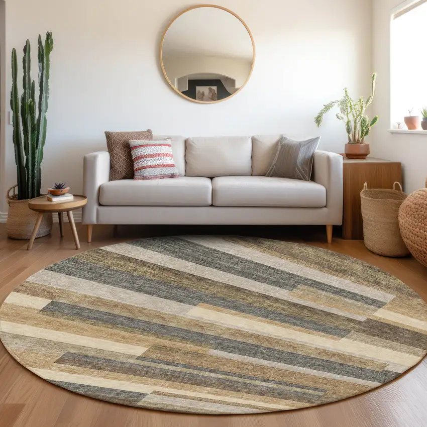 8' Taupe Beige And Charcoal Round Striped Washable Indoor Outdoor Area Rug Photo 7