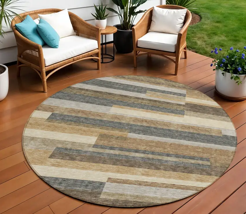 8' Taupe Beige And Charcoal Round Striped Washable Indoor Outdoor Area Rug Photo 1